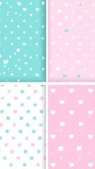 Four panels of soft pastel backgrounds, adorned with repeating patterns of hearts and floral designs