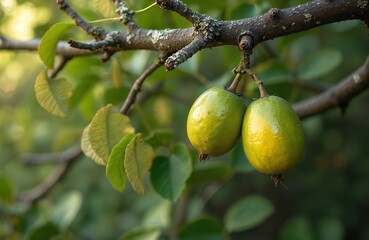 Two green Osage Orange fruits hang from a tree branch. Their oval shape and smooth skin are visible. Leaves and bark add texture to the natural scene.