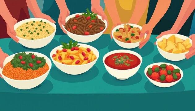 People share diverse dishes at a festive potluck party. Diverse food bowls on table. Friends enjoy cultural meal together. Celebration with ethnic cuisine.