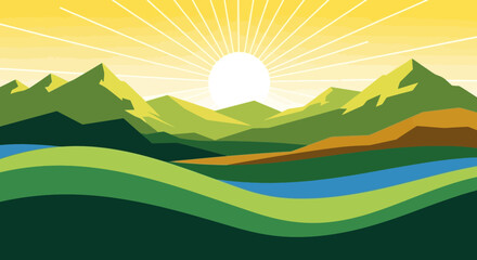 Obraz premium Bright Sunrise Over Rolling Green Hills and Mountain Range Landscape Illustration