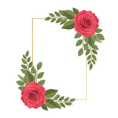 Two Red Roses with Green Leaves Forming a Decorative Corner Frame on a Striped Background flower