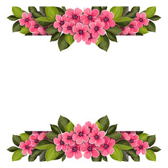 Two symmetrical arrangements of pink flowers and green leaves forming an abstract border on a white background