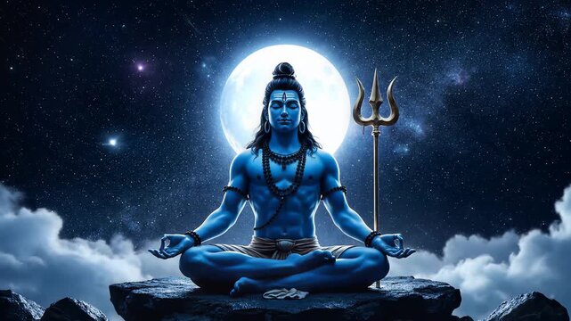 Lord Shiva Meditation Blue Skin Full Moon Night Sky Cosmic Divinity