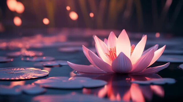 Pink lotus flower floating on water surface with reflections