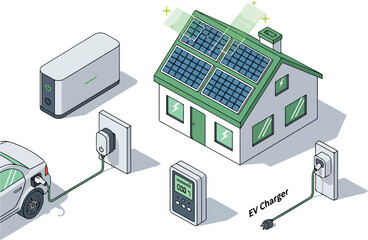 Obraz premium Sustainable Energy House Powered by Solar Panels and Electric Vehicle Charging