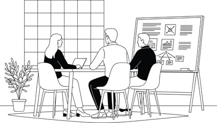 Business meeting line art illustration showing team discussion, presentation board, and collaborative planning in modern office interior © MdRissalat