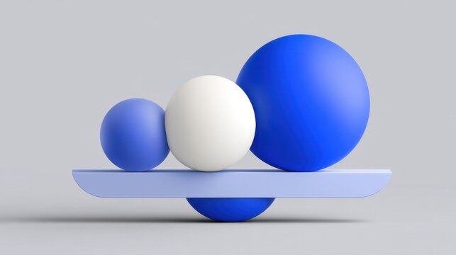 Abstract geometric composition featuring three spheres in varying sizes and colors, balanced on a horizontal surface against a minimalist background
