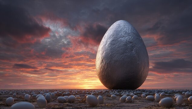 Giant metallic egg at sunset over a field of eggs