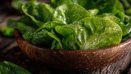 Fresh, vibrant green lettuce leaves in a wooden bowl, water droplets on the leaves