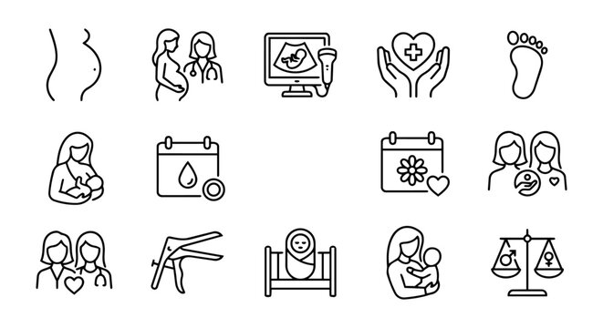 14 Women&rsquo;s Health, Maternity Care, and Pregnancy Outline Icons Set