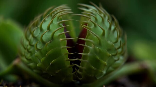 Extreme macro shot of a Venus Flytrap closing in slow motion, tiny sensitive hairs vibrating, soft dramatic lighting, hyper-realistic detail.