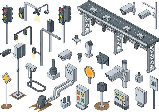 Isometric Road Safety Traffic Signals and Surveillance Vector Icons