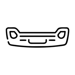 A black-and-white minimalist line icon representing a car bumper, featuring a symmetrical front-facing design with integrated headlight and grille outlines.