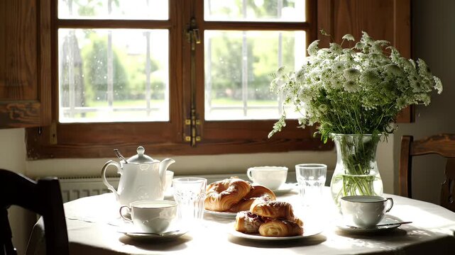 Cozy rustic breakfast table set with teapot, pastries, and fresh greenery by the window