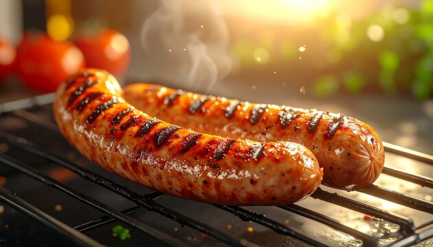 Grilled sausage resting on a wire rack with a subtle oil sheen, lit by natural cooking light, creating an authentic kitchen mood that highlights texture, freshness, and homemade realism.