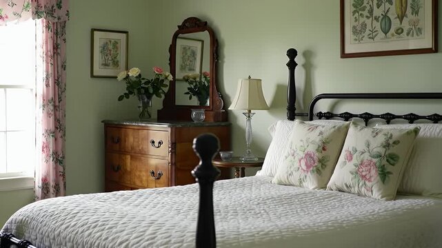 Cozy Vintage Bedroom Scene Featuring a Four-Poster Bed, Dresser, and Floral Decor