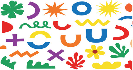 Fototapeta premium Colorful abstract geometric shapes and playful hand drawn elements set for modern graphic design backgrounds