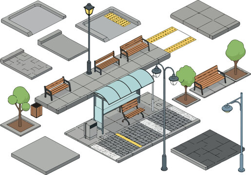 Isometric Streetscape Benches, Bus Stops, and Urban Elements