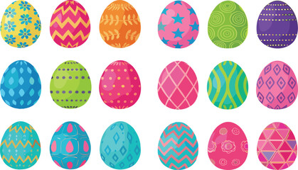 Fototapeta premium Colorful flat vector set of decorated Easter eggs with various geometric and floral patterns isolated on white backgroundMobile