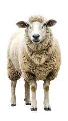 Obraz premium Full-body shot of a sheep with fluffy wool, isolated on a white background