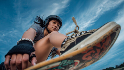 乾いた青空の下で女性スケーターが高さのあるジャンプを披露