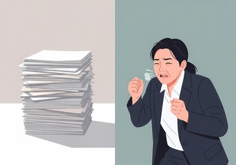 An illustration showing intense stress caused by excessive paperwork, expressing mental overload, emotional breakdown, and pressure from overwhelming responsibilities at work.