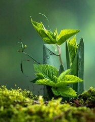 A close-up of green plants growing from mossy ground