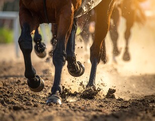 A close-up of horse legs racing on a dirt track
