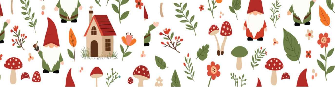 Cute gnome forest seamless pattern with mushrooms flowers leaves cottage and whimsical woodland elements illustration