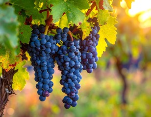 A close-up of ripe purple grapes hanging from a lush vine