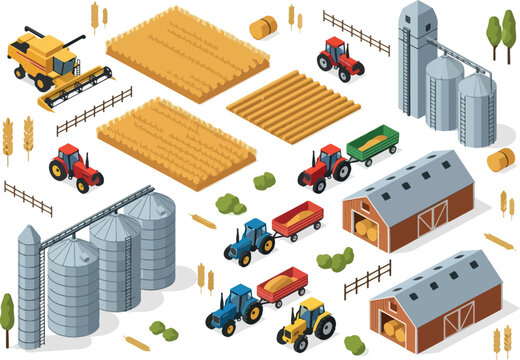 Isometric Farm Set Tractor, Combine, Silo, Barn, and Harvested Field