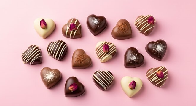 Assorted heart shaped chocolates on a pink background