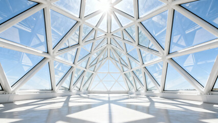 Modern Geodesic Skylight Architecture Interior, Bright White Empty Room With Geometric Shadows From Sun.