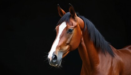 Obraz premium Brown horse with white facial stripe stands against dark background. Animal has black mane and calm expression, showing detailed equine profile. Majestic creature with glossy fur.