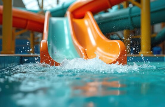 Close up on orange water slide splash into pool at indoor aqua park. Kids fun at water attraction, summer vacation joy, active wet recreation.