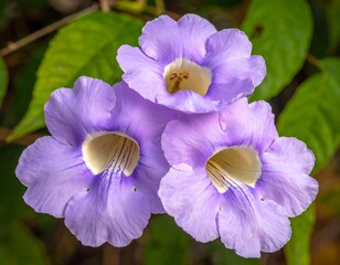 A close-up of three purple flowers with green leaves