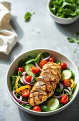 Sliced grilled chicken breast atop fresh green salad with cucumber tomato red onion and yellow pepper. Healthy diet meal in white bowl. Protein rich lunch.
