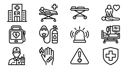 Fototapeta premium 12 Emergency Medical Services and Critical Care Outline Icons