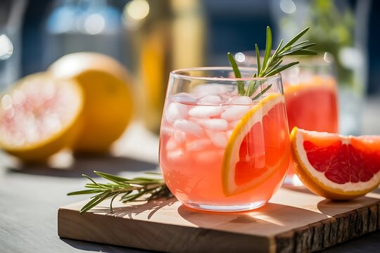 Vibrant grapefruit cocktail with rosemary garnish served on wooden board, refreshing citrus drink with ice, perfect for summer menus, bar promotions, mixology recipes, tropical backgrounds.