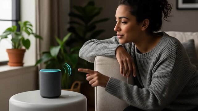 Woman Interacting With Smart Speaker At Home.