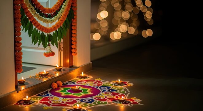 Vibrant rangoli and decorated entrance