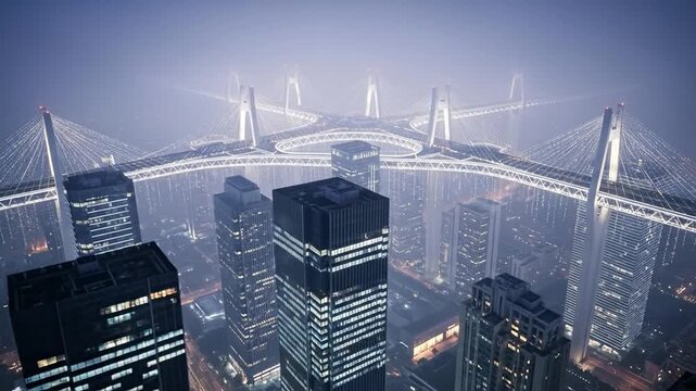 City Bridge at Dusk: A breathtaking aerial perspective captures a modern cityscape during the tranquil twilight hours, with a prominent bridge structure adding a sense of awe. 