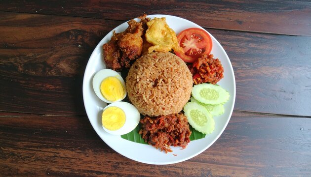 A delicious plate of traditional Malaysian or Indonesian rice dish with fried chicken, eggs, cucumber, tomato, and chili paste served on a wooden table.