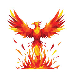 Naklejka premium Geometric Phoenix Rising from Flames, Symbol of Rebirth.