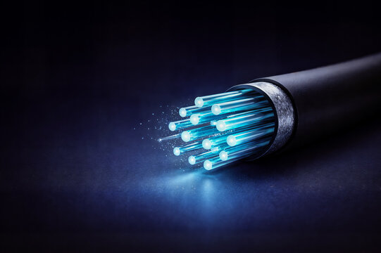Glowing Fiber Optic Cable Close Up for High Speed Secure Data Connection, Minimal Technology Background