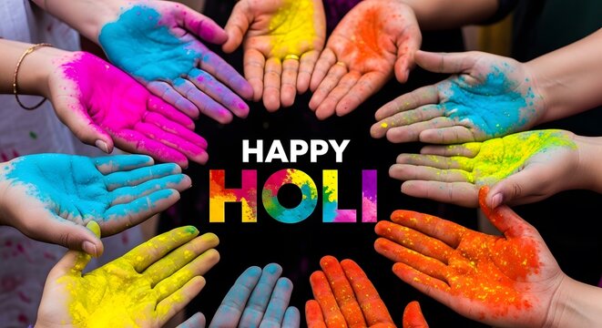 Vibrant hands celebrating happy holi festival of colors with joy and togetherness