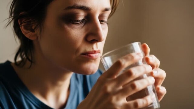 Woman with bruised eye drinks water.