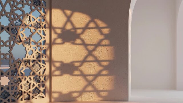 Sunlight casting intricate geometric shadow patterns from a decorative screen onto a textured wall, highlighting architectural details and warm light.