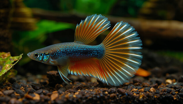 枯葉の茶水でアピストグラマの尾が艶やかにうねる