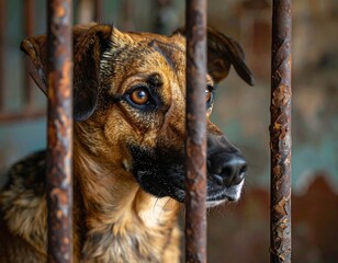 A close-up portrait of a dog behind rusty metal bars